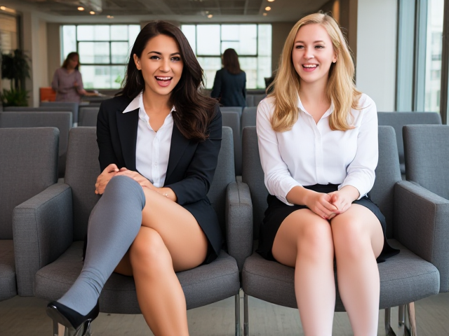 Beautiful athletic brunette businesswoman with well defined calf muscles and grey knee socks and black heels sitting with a beautiful blonde athletic businesswoman in a blouse, short skirt, white stockings and black heels, both of whom are surprised and laughing hysterically and uncontrollably with big smiles