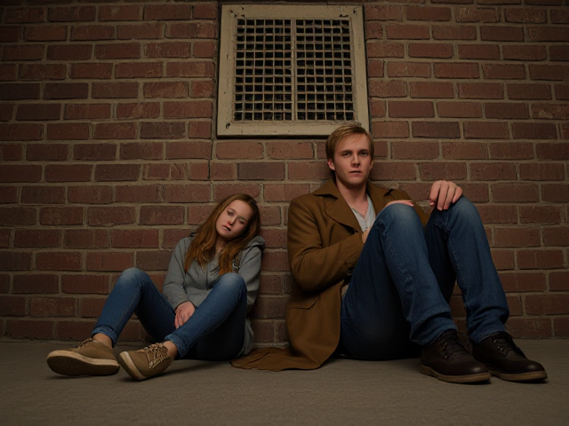 a petite, 13-year-old girl with strawberry blonde hair, wearing jeans and a hooded pullover, sits slumped with her back against a brick wall, feet forward, legs outstretched. Next to her sits a modern-day male vampire, 28 years old, with pale skin and blonde hair, dressed in jeans and a brown trenchcoat. The vampire is slumped against the wall as well, feet forwards, legs outstretched. The girl has a forlorn look and rests her head on the vampire's shoulder. Set at night in an abandoned warehouse, in a holding room with no windows. The vampire is roughed up from a fight. Both have their backs against the wall. 
The vampire looks straight ahead, worried. Very high Above them on the wall is a large ventilation register.