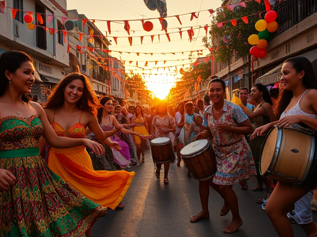 Rhythm embodied in a vibrant street festival, people dancing joyously to the beat of drums, colorful costumes swirling, expressive faces filled with happiness and laughter, balloons and streamers overhead, sunset casting a warm golden glow, captured from a low-angle view to emphasize movement and energy, in a realistic and detailed art style