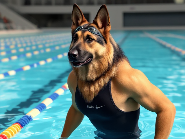 A tall anthropomorphic long haired German shepherd with a long torso and broad shoulders, wearing a high cut Nike one piece swimsuit and swimming goggles, in a Olympic swimming pool