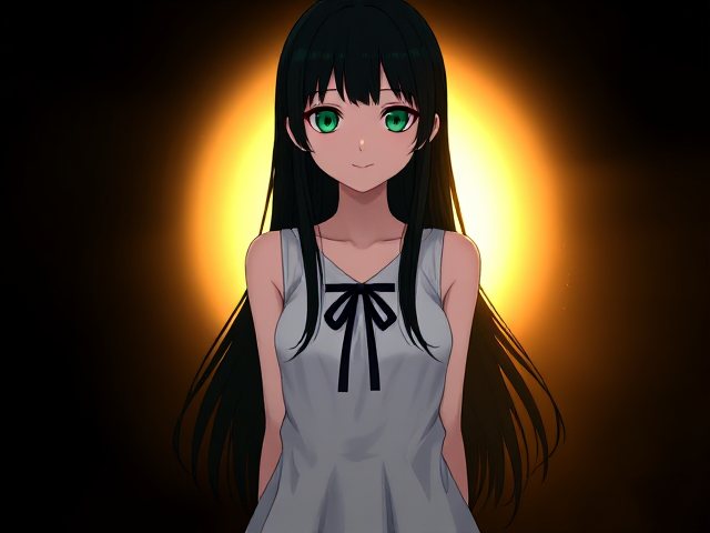 Create a digital illustration of a character inspired by Saya from Saya no Uta, with a similar appearance to the reference image. She should have long, sleek, dark greenish-black hair with slight spikes at the sides, giving her a unique silhouette. Her eyes are large, expressive, and a vibrant emerald green, adding an innocent but subtly unsettling aura. She wears a simple, sleeveless white dress that falls just above her knees, with a delicate black ribbon tied at the neckline. The background is minimalistic and dark to highlight her figure, with subtle shadows or faint mist to evoke a mysterious and dreamlike atmosphere. The character should have a gentle smile, creating a sense of innocence mixed with an eerie undertone.Create a mysterious and dreamlike female character inspired by Saya from Saya no Uta. She is slender, with pale, almost ethereal skin, and large, expressive emerald green eyes that convey an intriguing yet slightly unsettling innocence. Her long, straight hair is either deep black or a silvery hue, framing her face softly but captivatingly. She wears a light, flowing white dress that appears to drift around her, with a delicate, petal-like design. The background is dark and misty, as if she’s in a dreamscape or a shadowed forest, with a soft light behind her creating an almost supernatural aura. The atmosphere should be both beautiful and eerie, with tones of green, blue, and black to give a sense of otherworldly strangeness.