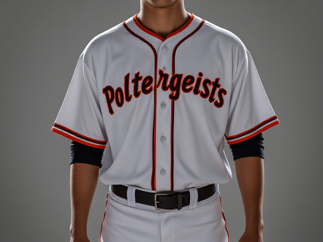 A white baseball jersey with poltergeists written across the front in red and orange with orange and red piping around the neck and cuffs of the jersey and white baseball pants with red and orange piping down the sides with a black belt and black sleeves