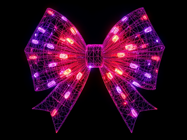 Handrawn Clipart bow, made of Christmas lights. Colorful Luminescent, isolated on a black background