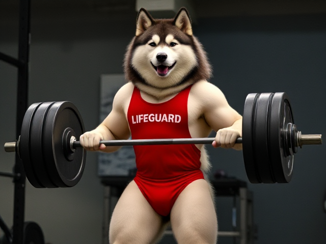 A anthropomorphic alaskan malamute wearing a red lifeguard one piece swimsuit deadlifting a barbell