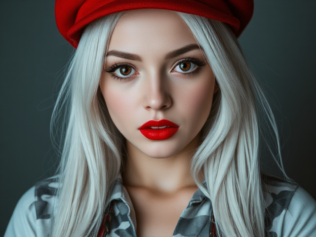 Sceencap of a 19 year old woman, with albino skin, with long straighr white hair, white lashes, white brows, red eyes, red lipstick, red newsboy hat, white long sleeve, oversized white camo cargo shorts, and chunky red buckle boots.