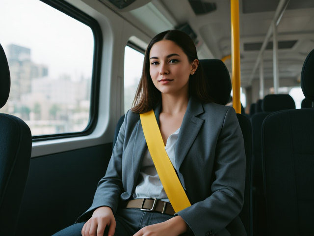 Full body image of a Fit Young business Woman on the bus  in a special needs carseat strapped in a yellow  5 point seat belt