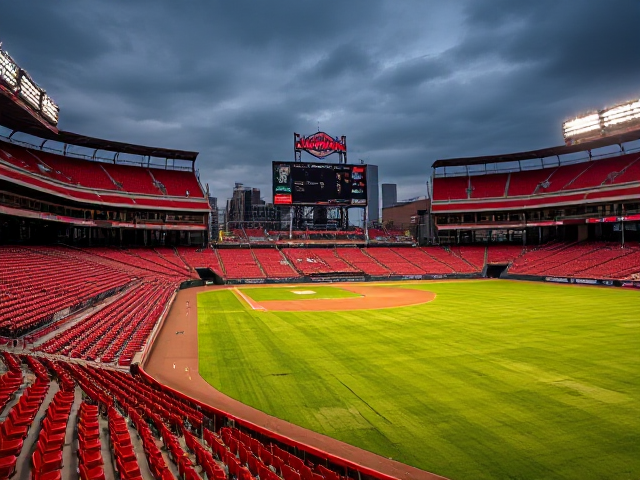 A  minor league baseball stadium with red seats and nice grass and warning track with a billboard saying vampires stadium with a scoreboard