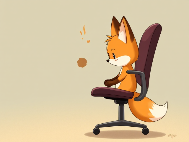 A very adorable illustration of a small two-tailed fox named Tails, struggling to climb onto an office chair due to his tiny size, he has his front paws on the seat of the chair, attempting to pull his cute little butt up onto the seat as well, the world around Tails appears to be much bigger than usual, with a little brown fart cloud emitting from his butt