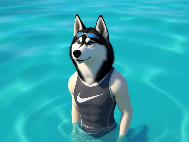 A anthropomorphic Alaskan malamute with a long torso wearing a Nike one piece swimsuit and swimming goggles