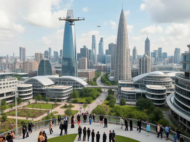 Futuristic cityscape of Britain in 30 years, advanced architecture, sustainable technology, green spaces, flying vehicles in the sky, diverse people interacting