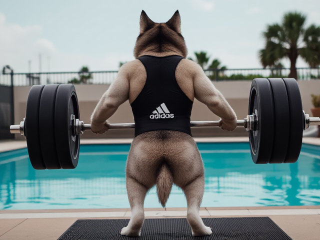 A anthropomorphic Siberian husky wearing an adidas swimsuit deadlifting a barbell on a pool deck
