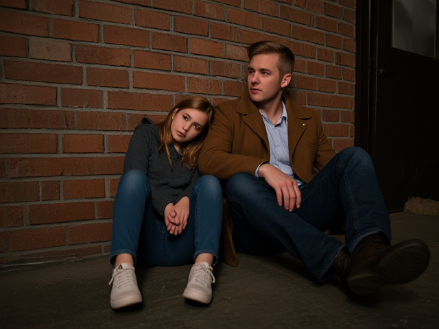a petite, 13-year-old girl with strawberry blonde hair, wearing jeans and a hooded pullover, sits slumped with her back against a brick wall, feet forward, legs outstretched. Next to her sits a modern-day male vampire, 28 years old, with pale skin and blonde hair, dressed in jeans and a brown trenchcoat. The vampire is slumped against the wall as well, feet forwards, legs outstretched. The girl has a forlorn look and rests her head on the vampire's shoulder. Set at night in an abandoned warehouse, in a holding room with no windows. The vampire is roughed up from a fight. Both have their backs against the wall. 
The vampire looks straight ahead, worried.. they're in a locked room. Seen through a window in the door. Both have their egs outstretched, feet forward, flat on the ground.