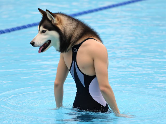 A tall anthropomorphic Siberian husky Olympic swimmer wearing a sportback swimsuit