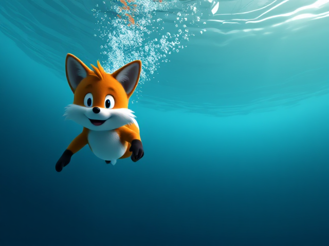 Tails the orange two tailed Anthropomorphic fox, swimming underwater in a large pool with a trail of bubbles forming behind him, Sega Video Game