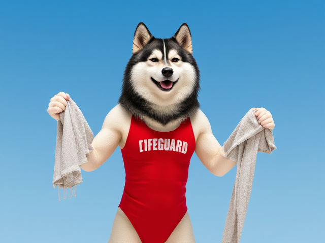 A anthropomorphic alaskan malamute  wearing a red lifeguard one piece swimsuit drying off with a towel