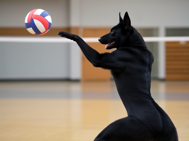 Anthropomorphic black German shepherd playing volleyball, wearing a leotard, gymnasium setting, focus on athletic build and dynamic pose