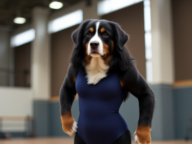 A slender Anthropomorphic Bernese mountain dog with large hips, wearing a gymnastics leotard, in a gymnasium setting, detailed and vibrant