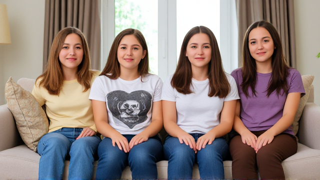Quatre filles adolescentes aux cheveux lisses et dégagé et de différentes couleurs a l'avant assis dans un canapé avec des très grands bavoirs a motifs carreaux tous différents et des tétines en bouches elles sont en tee-shirts manches longues de différentes couleurs que les Bavoirs et avec des pantalons elle se font un gros câlin et il y a une grande fenêtre derrière le canapé