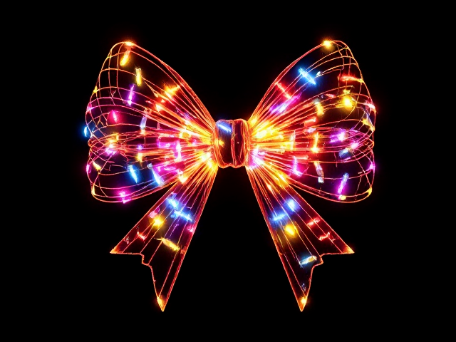 Handrawn Clipart bow, made of string lights. Colorful Luminescent, isolated on a black background