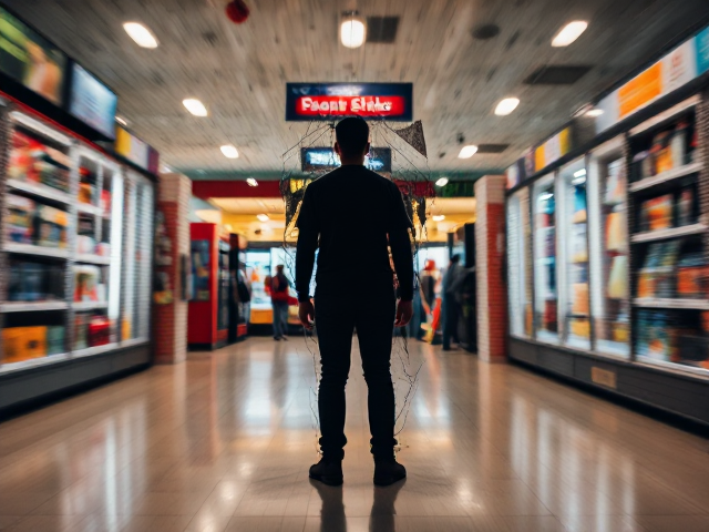 A person standing in a gamestop, the figure appears fragmented and dissolving into abstract shapes, the background blurs with swirling colors symbolizing confusion, impressionist style, harsh lighting casting sharp shadows, low angle view emphasizing disorientation