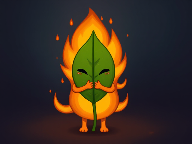 Fire with two arms and two legs hugging with a leaf with two arms and two legs