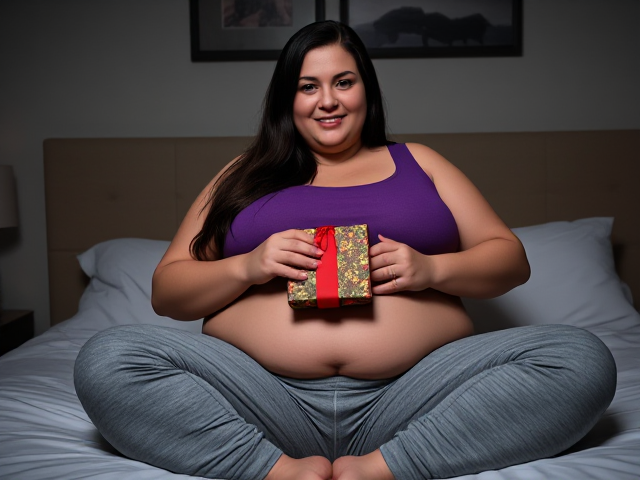 An obese woman 30 years old long dark brown hair blue eyes wearing grey sweatpants and a purple tank top smiling sitting on the bed with her belly out holding a Christmas present for Tim  realistic
