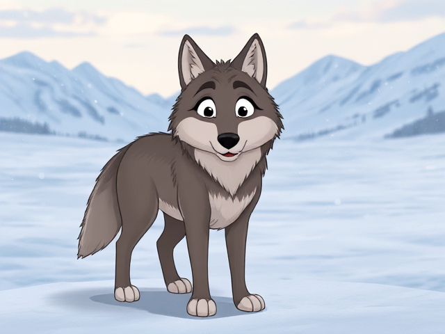 cartoon wolf with detailed fur and expressive eyes, standing in a vast snowy tundra landscape with gentle snowfall and distant mountains