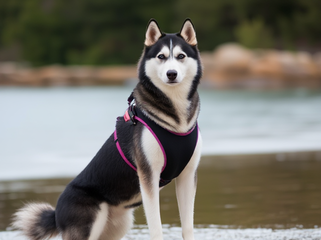 Tall Siberian husky wearing a swimsuit