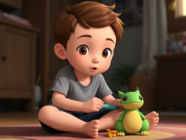 A young boy with brown hair white skin and lots of freckles sitting on the floor playing with a Pokémon toy in a animated style