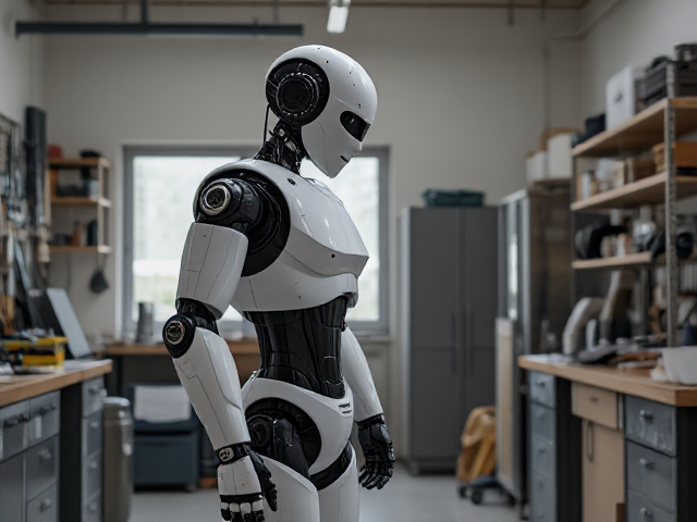 Ultra-realistic scene of a humanoid robot standing in a bright, modern workshop that looks like a mix between a home garage and a small tech lab. The robot is working closely with a human enginee