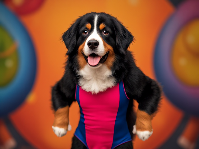 Anthropomorphic Bernese mountain dog wearing a colorful, sleek leotard, standing confidently with a lively background, detailed fur texture, expressive eyes