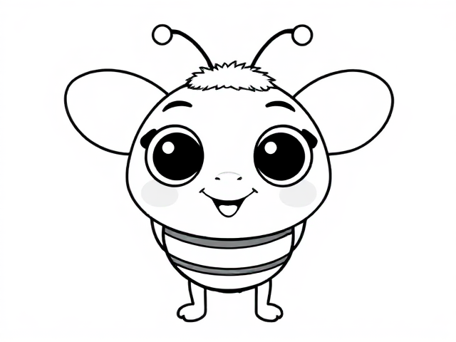 A cartoon-style bee with large, expressive eyes, a friendly smile, and small wings. The bee has a round, slightly fluffy body with visible stripes. Design features include smooth, clean, bold outlines for a children's coloring book. Wings are slightly raised, antennae are playfully curved. Full body in standing or flying pose on a plain white background. No shading or colors; lines thick for easy coloring.