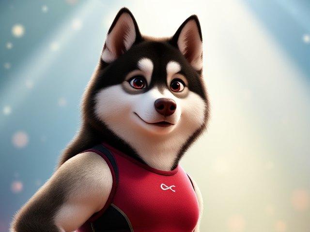 A Alaskan malamute Olympic gymnast with broad shoulders wearing a leotard