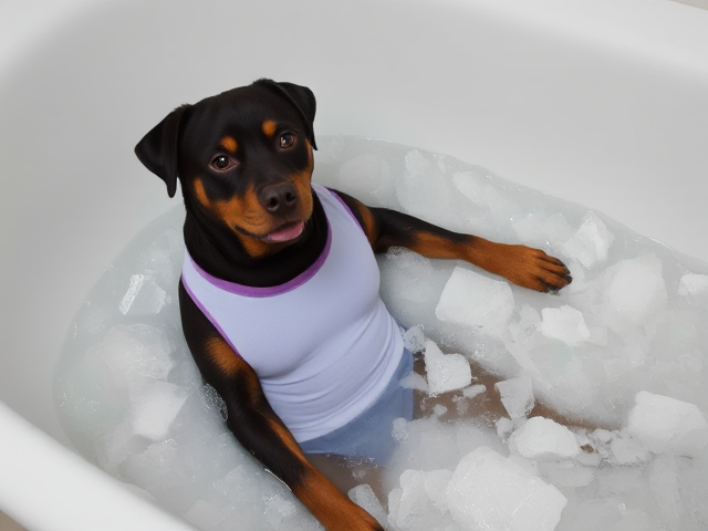 A anthropomorphic Rottweiler wearing a gymnastics leotard submerged in a bathtub full of ice