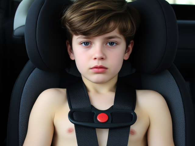 A feminine frustrated skinny teenage boy sitting in a child car seat. restrained in a 5 point harness with red button buckle. Wavey brunette hair.