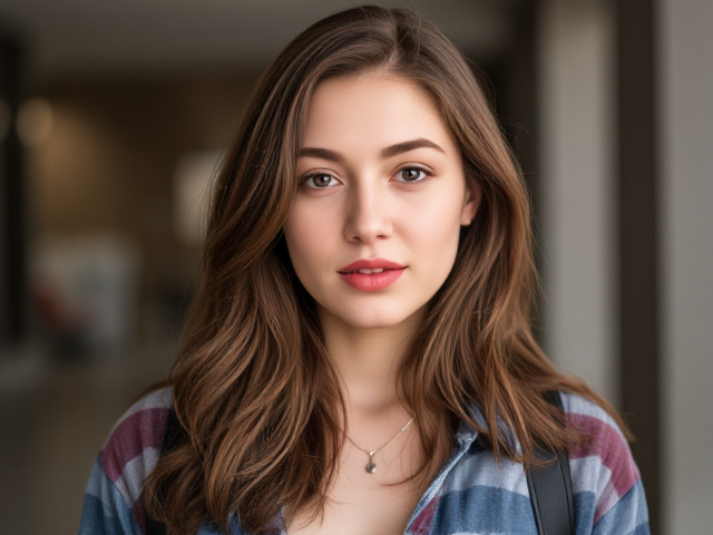 a brawny casually-dressed brown-haired college girl with curved lips