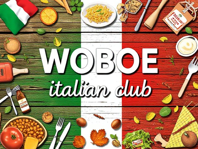 A Italian themed poster for an event that has the word "WOBOE Italian club" on it and has various aspects of italian culture everywhere