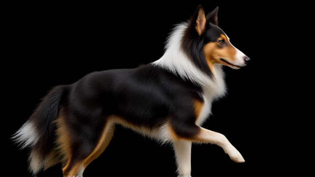 Anthropomorphic rough collie wearing a stylish leotard, detailed fur texture, graceful pose, vivid colors