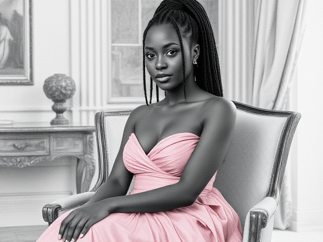 jeune femme noire de 19 ans avec des tresses, portant une élégante robe rose, assise gracieusement sur une chaise dans un environnement lumineux et détaillé