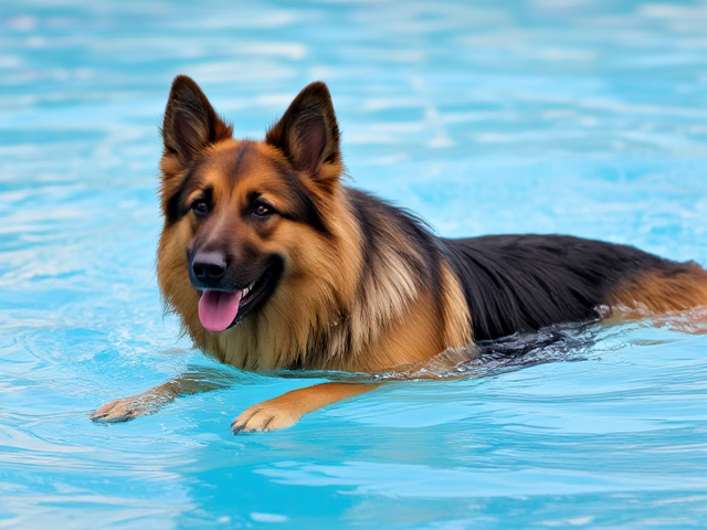 Long haired German shepherd swimsuit swimming