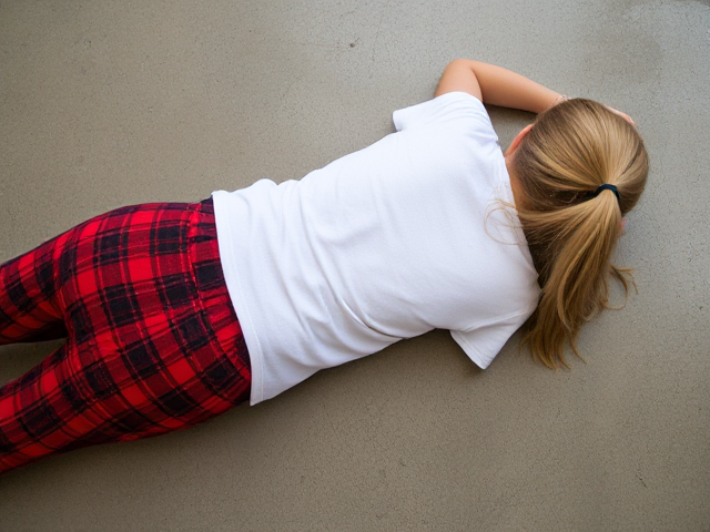 14 year old girl blonde ponytail butt in red and black plaid pants and white tshirt laying down on concrete floor