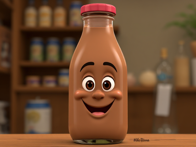 Chocolate Milk in bottle with a face disney pixar cartoon.