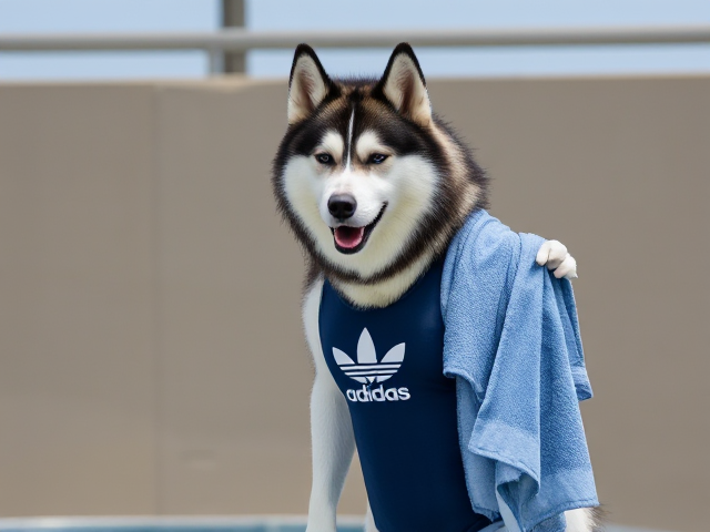 A tall anthropomorphic Siberian husky wearing an adidas swimsuit drying off with a towel