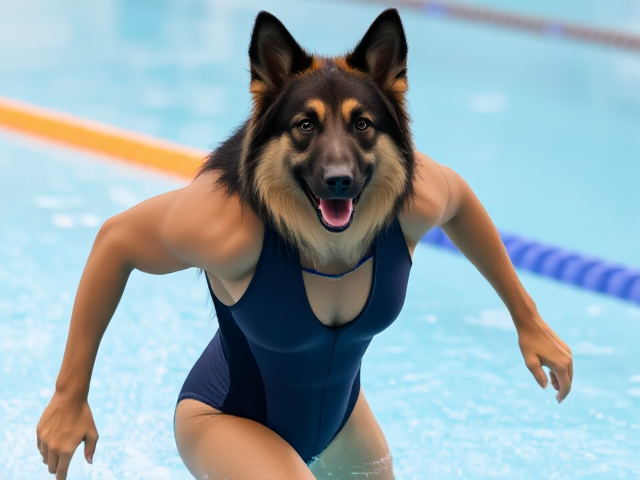 A anthropomorphic long haired German shepherd Olympic swimmer wearing a high cut one piece swimsuit