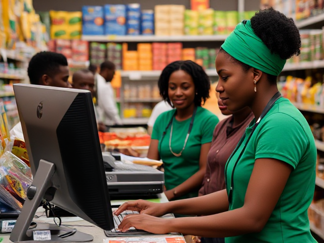 A detailed photo of a beautiful black Kenyan cashier wearing green clothing, skillfully using a computerized system to assist satisfied black customers. The setting is a bustling wholesale store in the background, filled with various products.