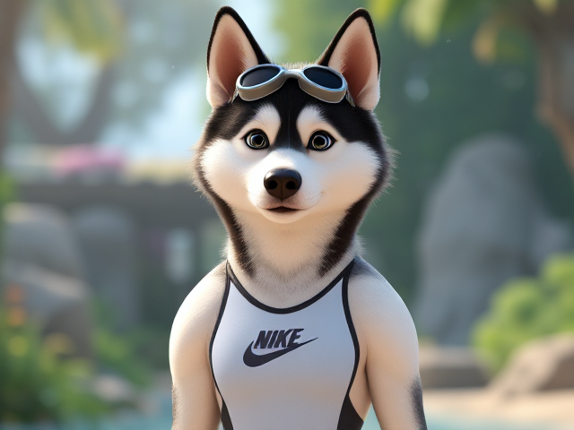 A tall Siberian Husky with a long torso and broad shoulders wearing a high cut Nike one piece swimsuit and swimming goggles