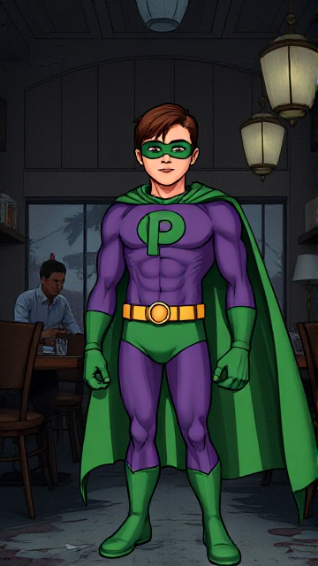 Dramatic Comic Book Cartoon scene: A young, Autistic 25-year old boy with light skin and flat, smooth, and slick brown hair with a singular curled bang in the shape of a P sticking out at the front named T.J. Granger, but transformed into a genetically-altered superhero named Powerman, who, despite still being a young adult kid, has an extremely muscular body. He wears a sleek purple bodysuit with a green P symbol on his chest, a golden belt with a circular buckle, green briefs, green boots, green long-cuffed gloves, a really big, toe-length long, ultra-wide green cape wreathed around his neck, and a green eye mask that protects his true identity. He also has incredible and invincible superpowers flowing through his veins. In this scene, Powerman is currently standing in a dark, abandoned restaurant at night by himself, intently awaiting the arrival of someone he knows.