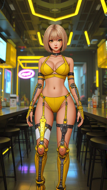 An enthralling cyberpunk scene set in a futuristic bar, where a captivating anime woman with a cyber grunge aesthetic takes center stage. The character is dressed in a striking light yellow and white outfit, featuring intricate cybernetic enhancements on her legs and arms, reminiscent of the Tron universe. Her mesmerizing glowing yellow eyes emit a sense of majesty and power, while her short punk-inspired hair adds to her allure. The dimly-lit bar exudes a punkcore vibe, merging elements of One Piece anime art style with hyper-detailed digital game visuals. The vibrant atmosphere is enhanced by the use of light yellow hues, immersing viewers in a stunning cyberpunk world., anime