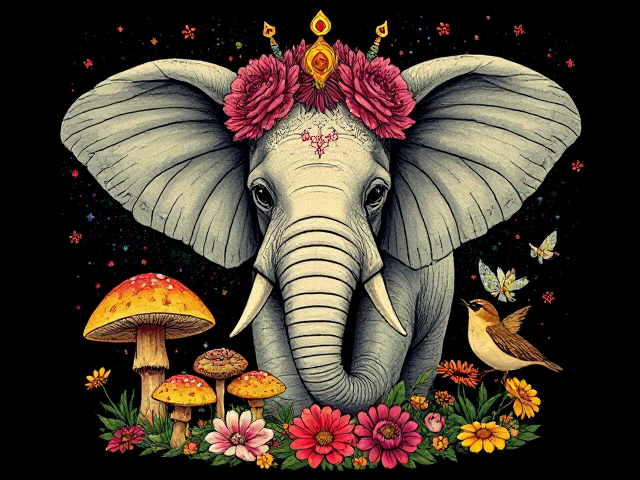 Colourful Nouveau Rinky elephant and fairy  with mushrooms and flowers and a sparrow T shirt design