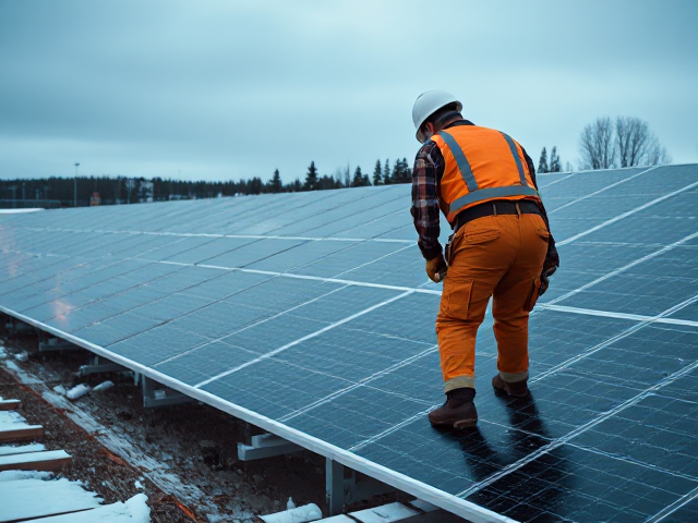 genere moi une image aux couleurs et avec des éléments de noel ou je peux y voir un ouvriers du batiment  travaillant sur un chantier de panneaux solaires habillé avec un pantalon de travail carpenter